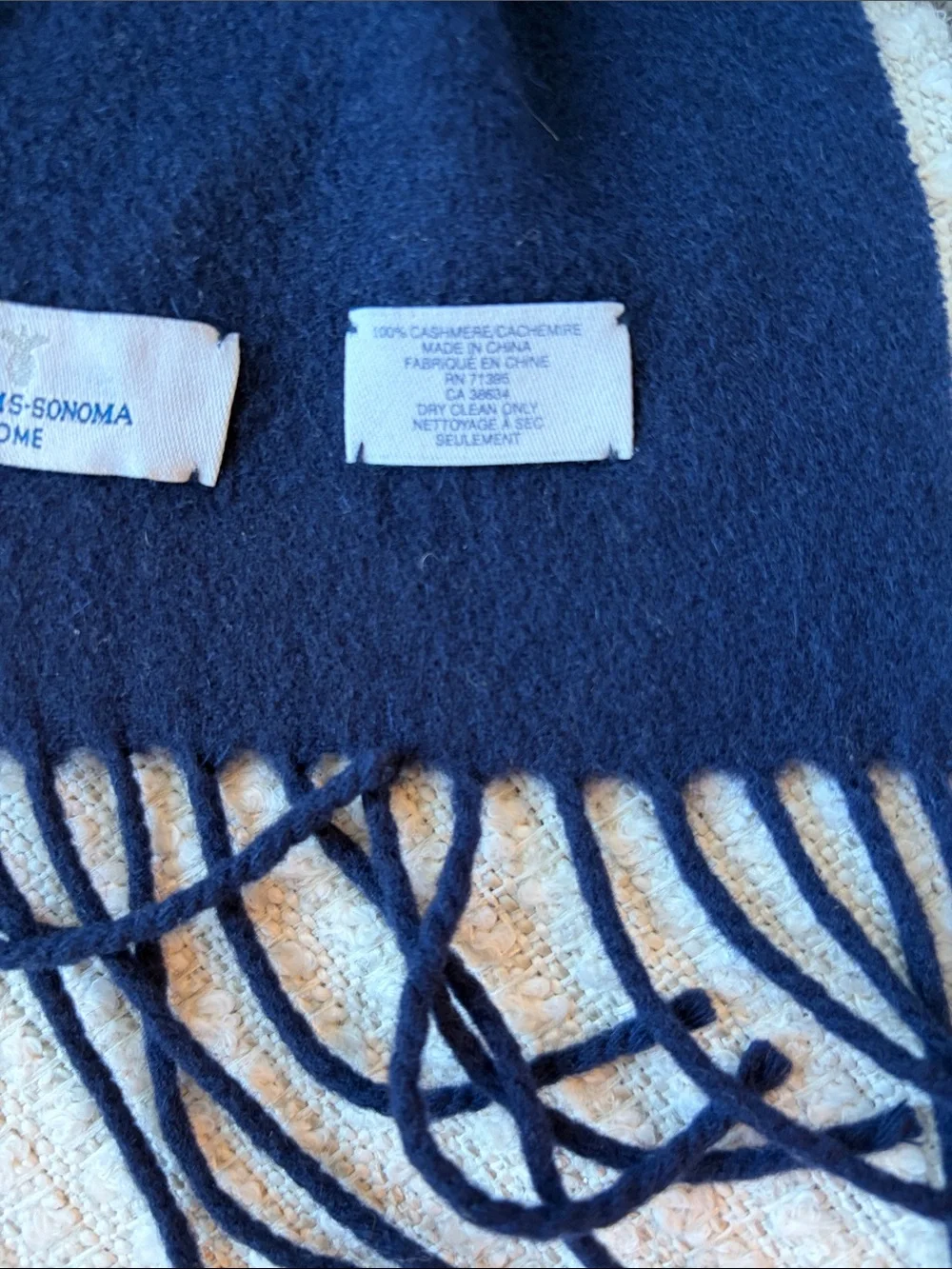Williams Sonoma home Pure 100% cashmere Navy Fringe Throw Blanket